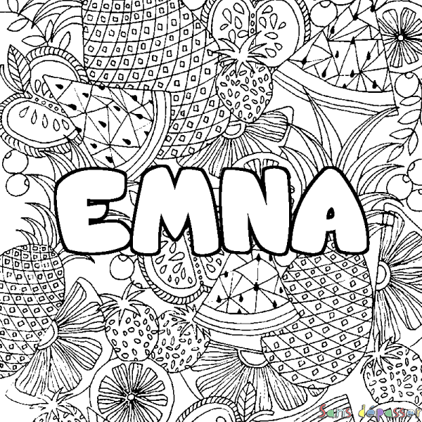 Coloriage pr&eacute;nom EMNA - d&eacute;cor Mandala fruits