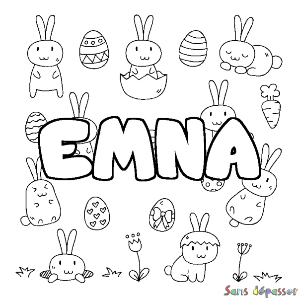 Coloriage pr&eacute;nom EMNA - d&eacute;cor Paques