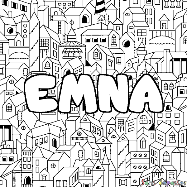 Coloriage pr&eacute;nom EMNA - d&eacute;cor Ville