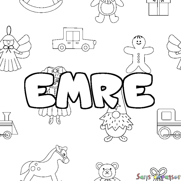 Coloriage pr&eacute;nom EMRE - d&eacute;cor Jouets