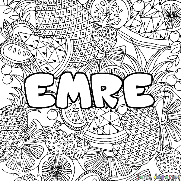 Coloriage pr&eacute;nom EMRE - d&eacute;cor Mandala fruits