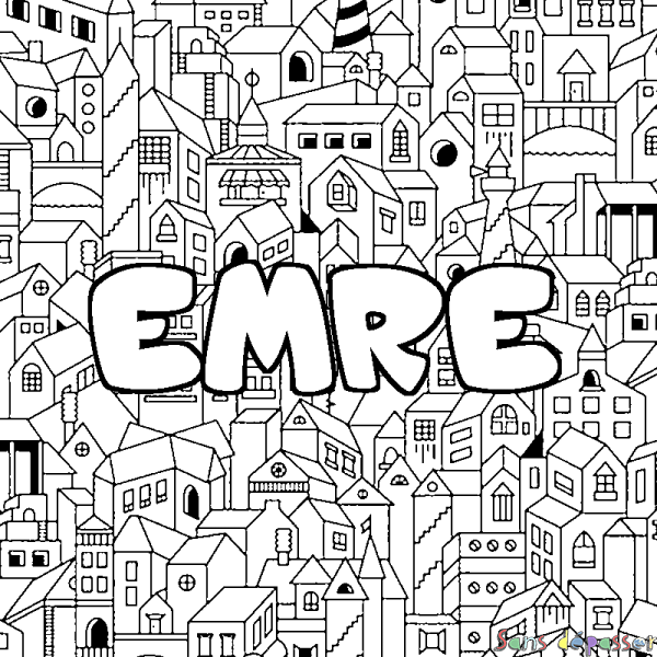 Coloriage pr&eacute;nom EMRE - d&eacute;cor Ville