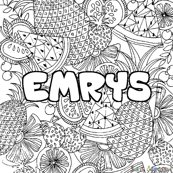 Coloriage prénom EMRYS - d&eacute;cor Mandala fruits