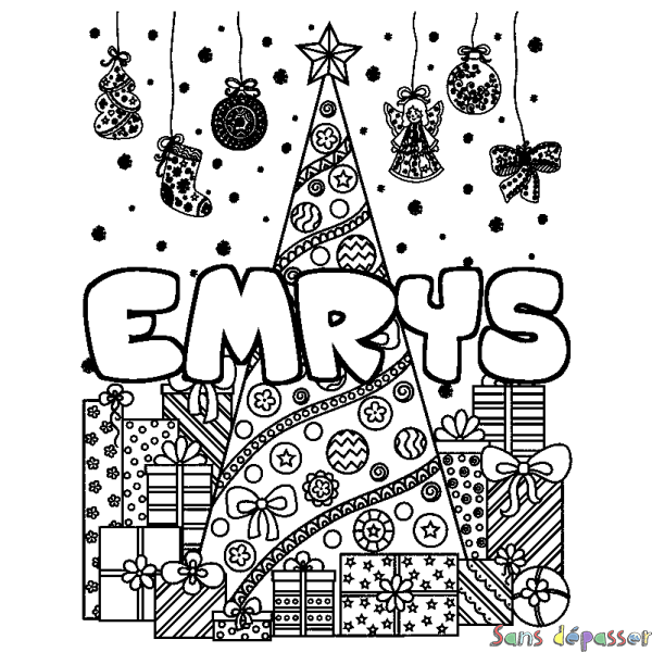 Coloriage prénom EMRYS - d&eacute;cor Sapin et Cadeaux