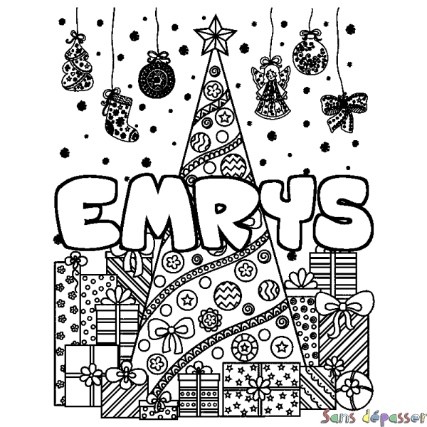 Coloriage pr&eacute;nom EMRYS - d&eacute;cor Sapin et Cadeaux