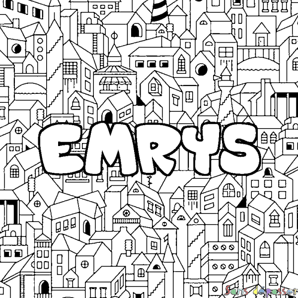 Coloriage pr&eacute;nom EMRYS - d&eacute;cor Ville