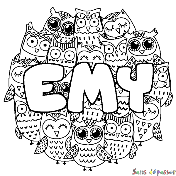 Coloriage pr&eacute;nom EMY - d&eacute;cor Chouettes