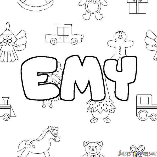Coloriage pr&eacute;nom EMY - d&eacute;cor Jouets