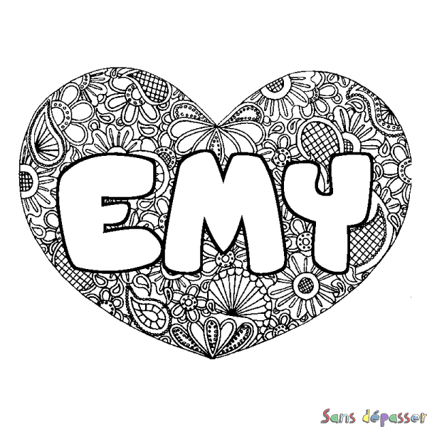 Coloriage prénom EMY - d&eacute;cor Mandala coeur