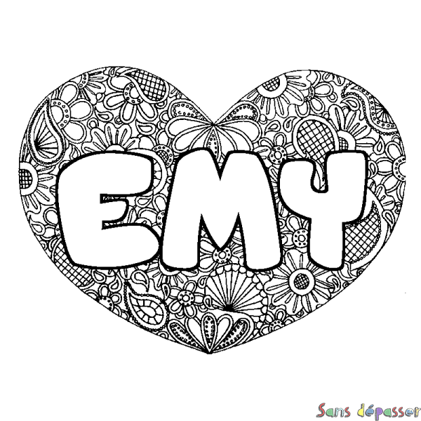 Coloriage pr&eacute;nom EMY - d&eacute;cor Mandala coeur