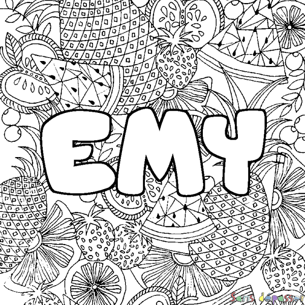 Coloriage pr&eacute;nom EMY - d&eacute;cor Mandala fruits