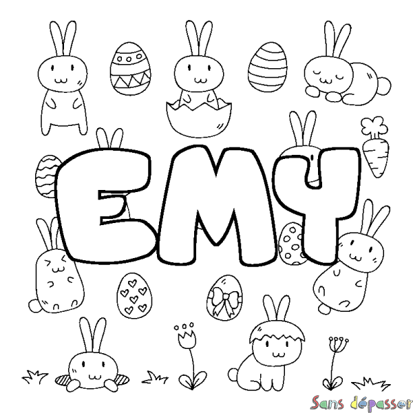 Coloriage pr&eacute;nom EMY - d&eacute;cor Paques