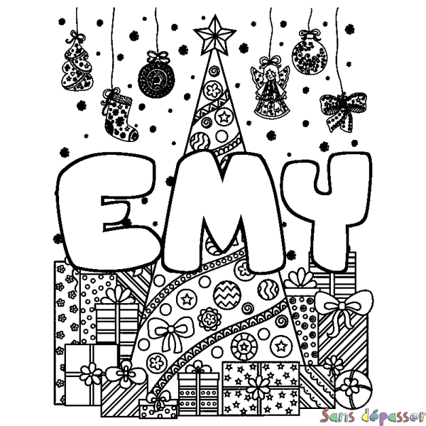Coloriage prénom EMY - d&eacute;cor Sapin et Cadeaux