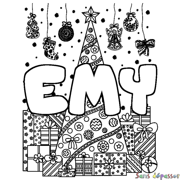 Coloriage pr&eacute;nom EMY - d&eacute;cor Sapin et Cadeaux