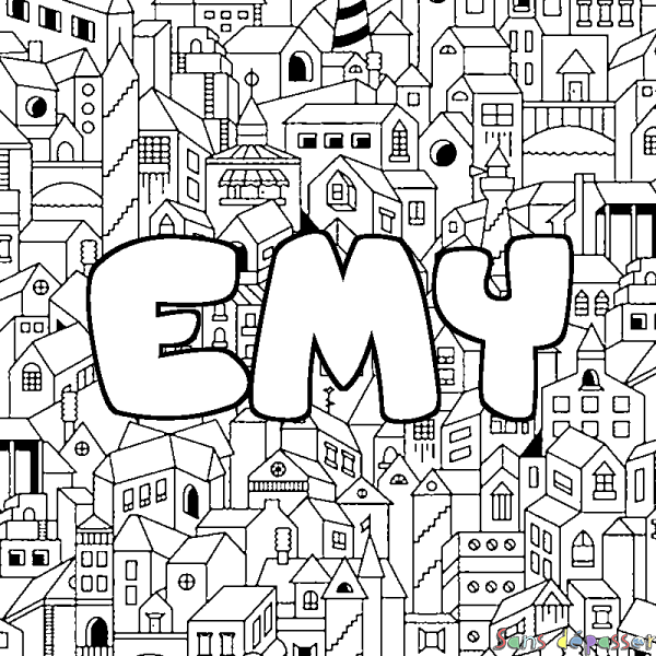 Coloriage prénom EMY - d&eacute;cor Ville