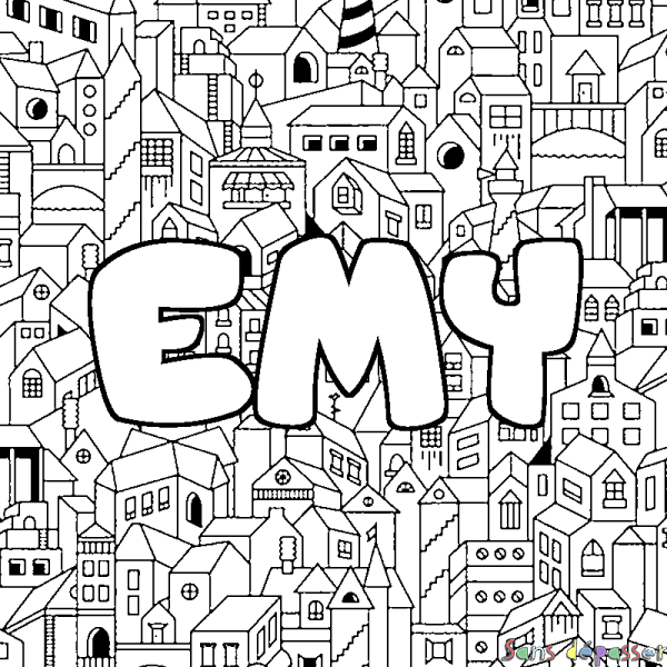 Coloriage pr&eacute;nom EMY - d&eacute;cor Ville