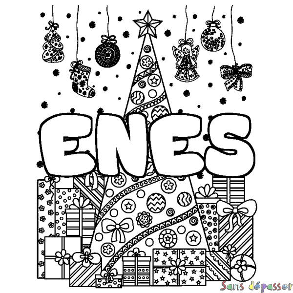 Coloriage pr&eacute;nom ENES - d&eacute;cor Sapin et Cadeaux