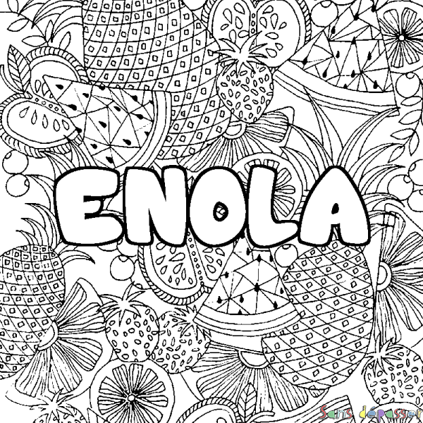 Coloriage pr&eacute;nom ENOLA - d&eacute;cor Mandala fruits