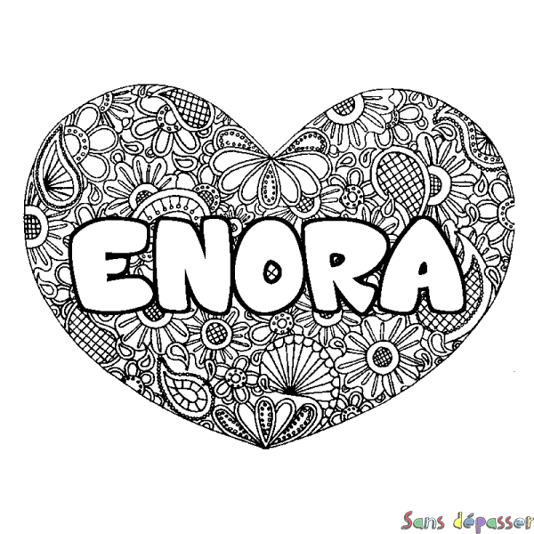 Coloriage pr&eacute;nom ENORA - d&eacute;cor Mandala coeur