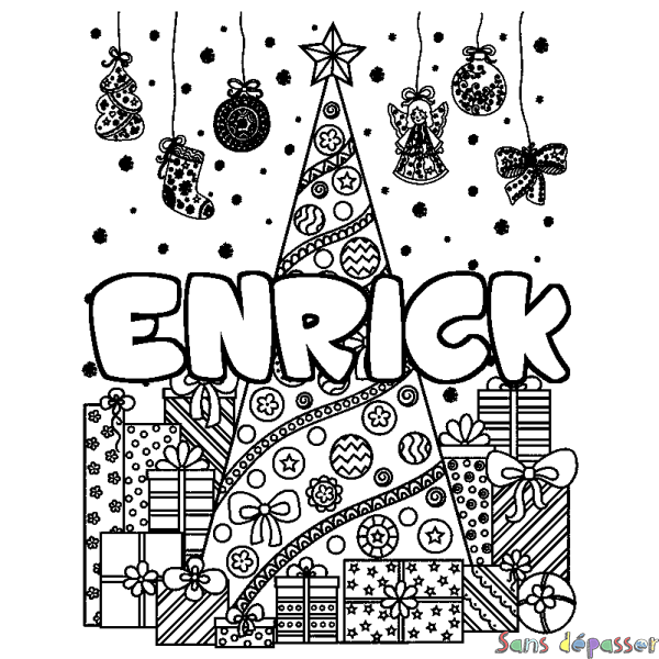 Coloriage pr&eacute;nom ENRICK - d&eacute;cor Sapin et Cadeaux
