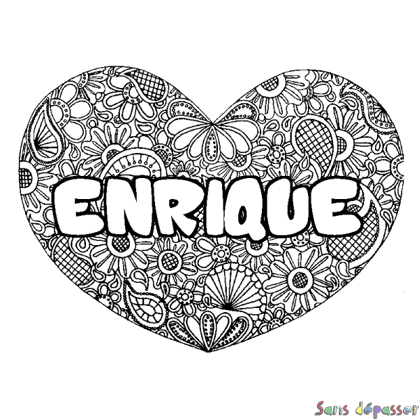 Coloriage pr&eacute;nom ENRIQUE - d&eacute;cor Mandala coeur