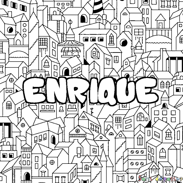 Coloriage pr&eacute;nom ENRIQUE - d&eacute;cor Ville