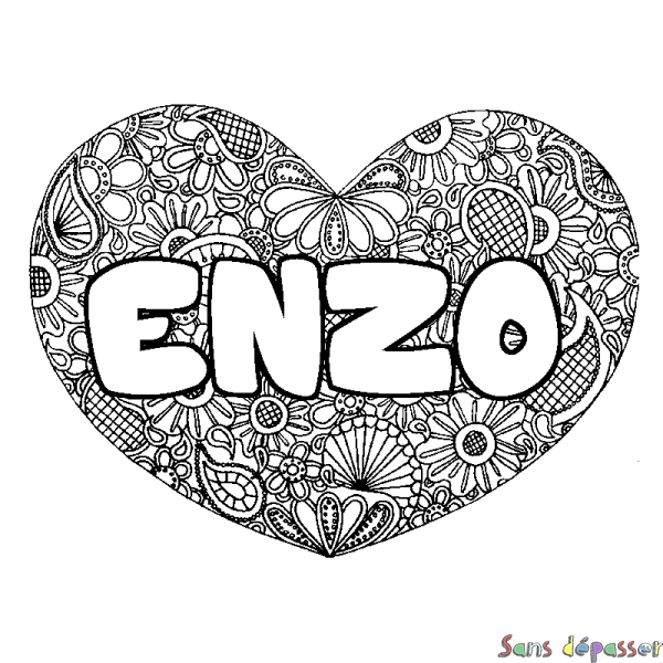 Coloriage prénom ENZO - d&eacute;cor Mandala coeur