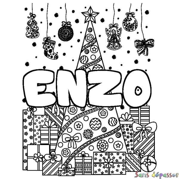 Coloriage prénom ENZO - d&eacute;cor Sapin et Cadeaux