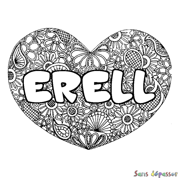 Coloriage prénom ERELL - d&eacute;cor Mandala coeur