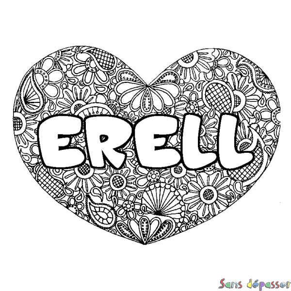 Coloriage pr&eacute;nom ERELL - d&eacute;cor Mandala coeur