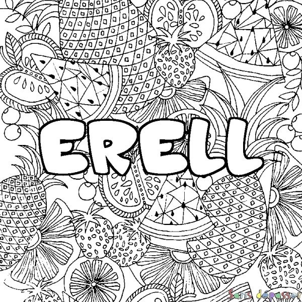 Coloriage pr&eacute;nom ERELL - d&eacute;cor Mandala fruits
