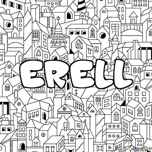 Coloriage pr&eacute;nom ERELL - d&eacute;cor Ville