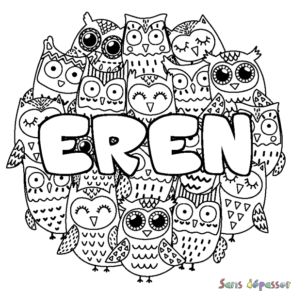 Coloriage pr&eacute;nom EREN - d&eacute;cor Chouettes
