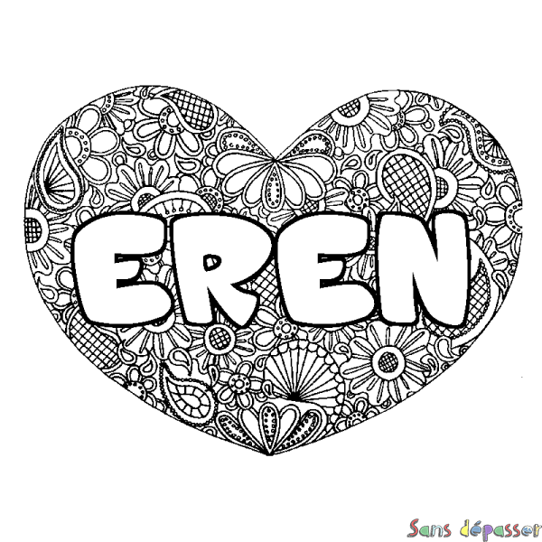 Coloriage pr&eacute;nom EREN - d&eacute;cor Mandala coeur