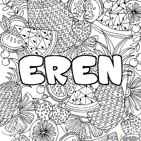 Coloriage pr&eacute;nom EREN - d&eacute;cor Mandala fruits