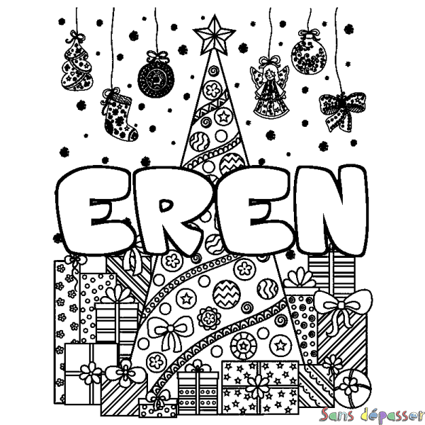 Coloriage pr&eacute;nom EREN - d&eacute;cor Sapin et Cadeaux