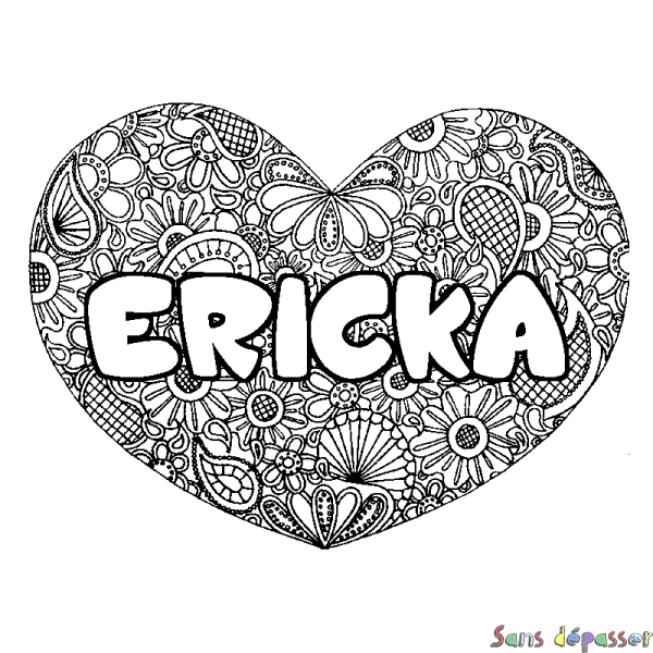 Coloriage prénom ERICKA - d&eacute;cor Mandala coeur