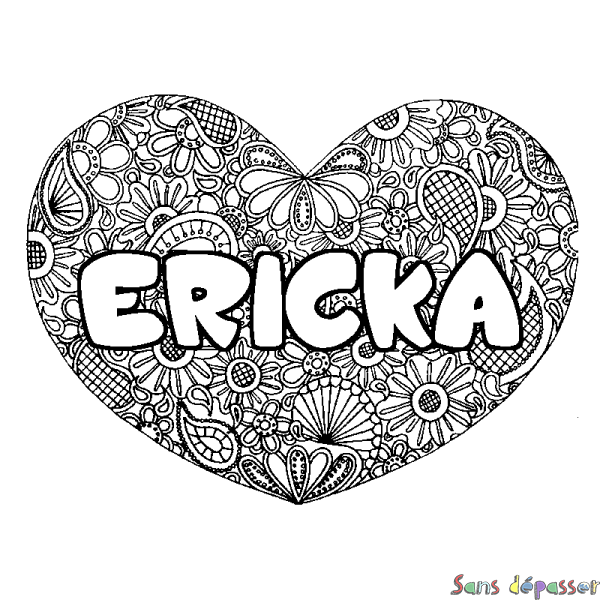 Coloriage pr&eacute;nom ERICKA - d&eacute;cor Mandala coeur