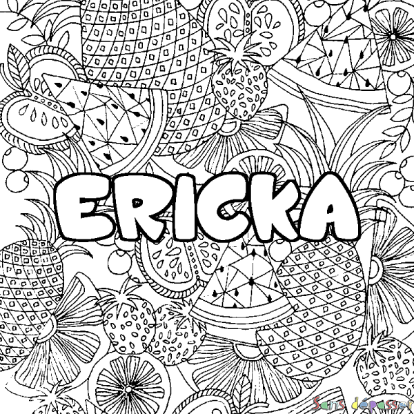 Coloriage pr&eacute;nom ERICKA - d&eacute;cor Mandala fruits