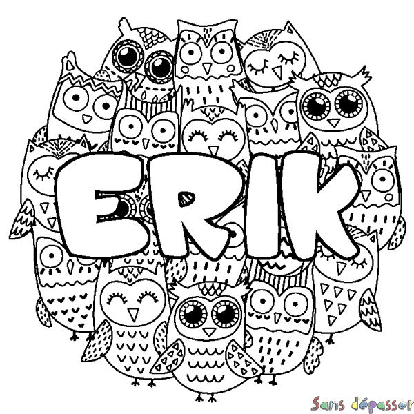 Coloriage pr&eacute;nom ERIK - d&eacute;cor Chouettes