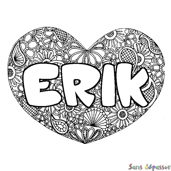 Coloriage pr&eacute;nom ERIK - d&eacute;cor Mandala coeur