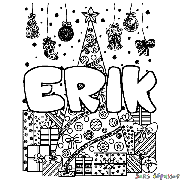 Coloriage pr&eacute;nom ERIK - d&eacute;cor Sapin et Cadeaux