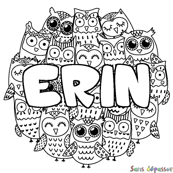 Coloriage pr&eacute;nom ERIN - d&eacute;cor Chouettes