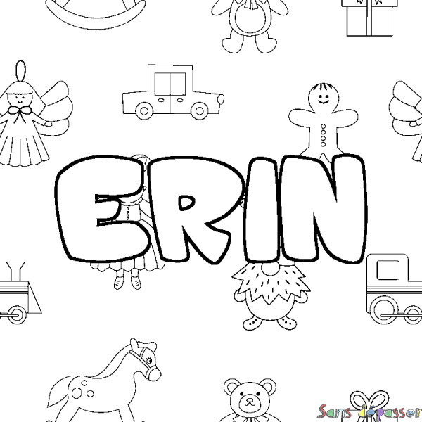 Coloriage pr&eacute;nom ERIN - d&eacute;cor Jouets