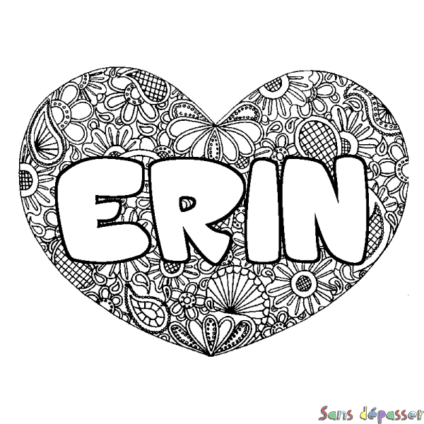 Coloriage pr&eacute;nom ERIN - d&eacute;cor Mandala coeur