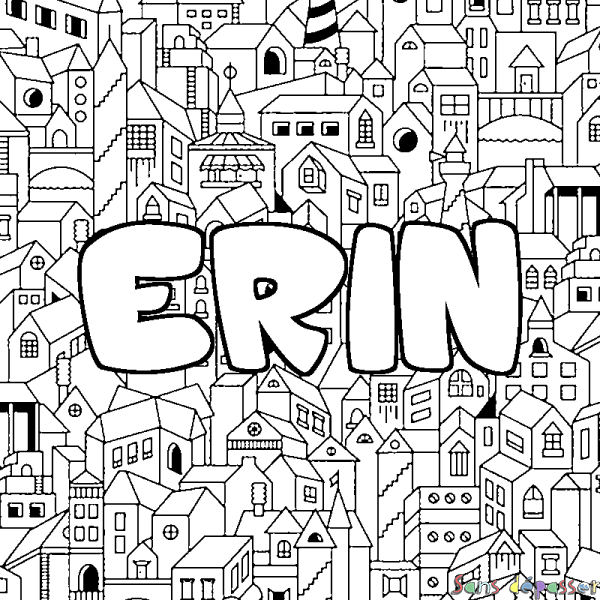 Coloriage pr&eacute;nom ERIN - d&eacute;cor Ville