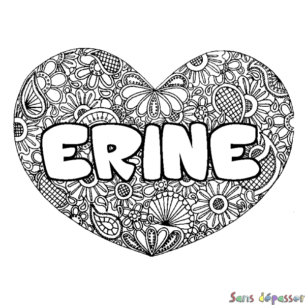 Coloriage pr&eacute;nom ERINE - d&eacute;cor Mandala coeur