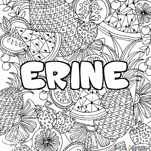 Coloriage pr&eacute;nom ERINE - d&eacute;cor Mandala fruits
