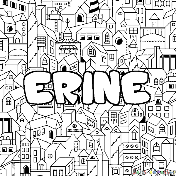 Coloriage pr&eacute;nom ERINE - d&eacute;cor Ville