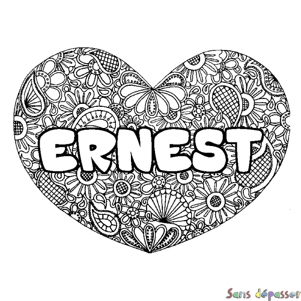 Coloriage pr&eacute;nom ERNEST - d&eacute;cor Mandala coeur